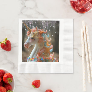 Happy Birthday Rainbow Unicorn Cake Stars Glitter Napkins