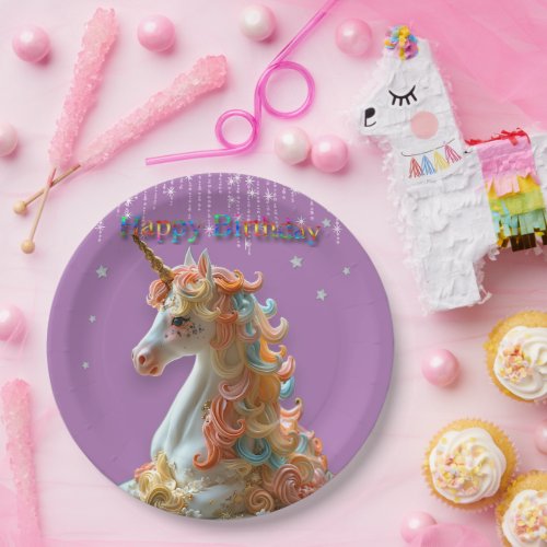 Happy Birthday Rainbow Unicorn Cake Stars Glitter Paper Plates
