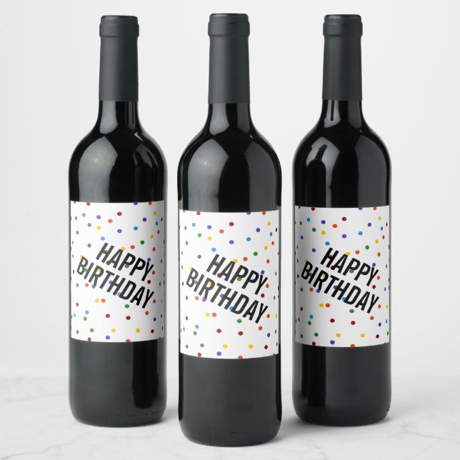 Happy Birthday Rainbow White  Polka Dot Wine Label (Bottles)