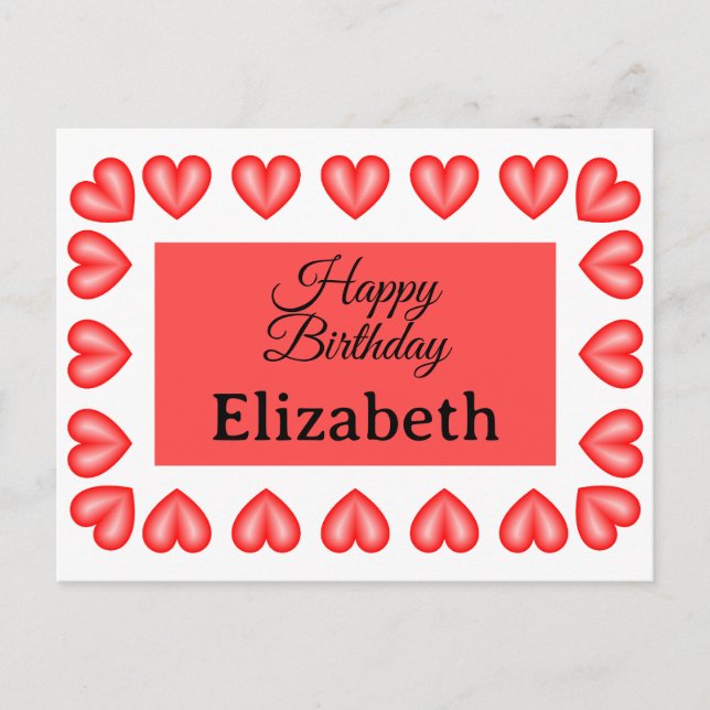 Happy birthday rectangle heart frame custom name postcard (Front)