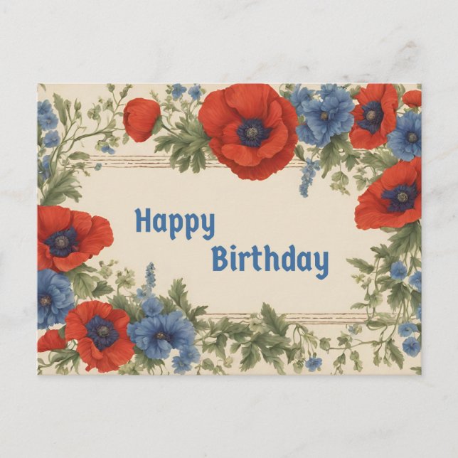 Happy Birthday Red and Blue Poppy Flowers Postcard (Front)