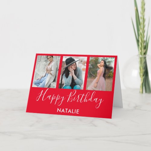 Happy Birthday Red and White 3 Photo Collage Card