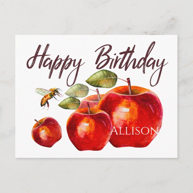 Happy Birthday Red Apple Watercolor  Card (Front)