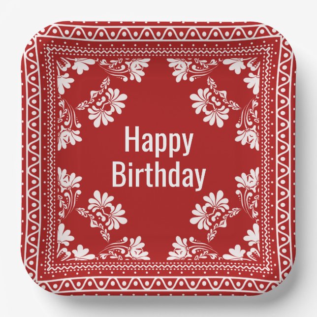 Happy Birthday Red Bandana  Paper Plates (Front)
