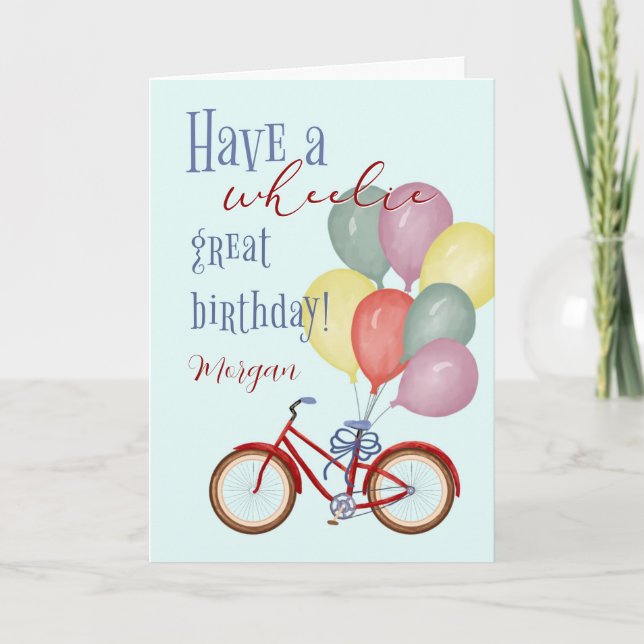Happy Birthday Red Bicycle with Custom Name Card (Front)
