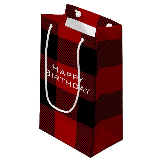 Happy Birthday red black buffalo plaid Small Gift Bag (Front Angled)