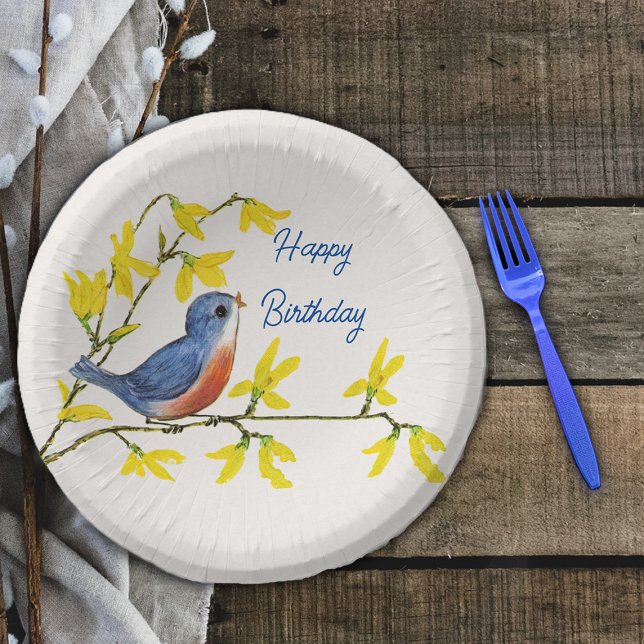 Happy Birthday Red Blue Bird Branch Pretty Flowers Paper Bowls (Cute Happy Birthday red blue bird on branch with pretty yellow spring flowers on white paper bowl.)