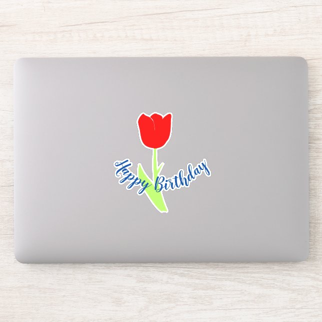 Happy Birthday Red Blue Floral Tulip Cute Colorful Sticker (Computer)