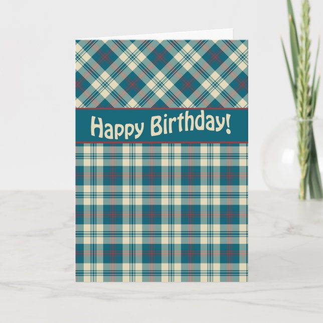 Happy Birthday Red Blue Madras Check Card (Front)