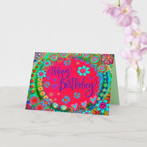 Happy Birthday Red Cheerful Fun Floral Girly Card