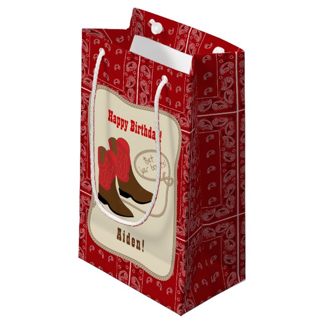 Happy Birthday Red Cowboy Boots & Bandana Small Gift Bag (Front Angled)