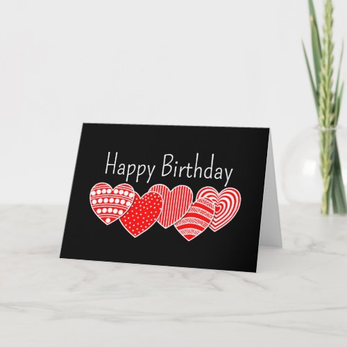 Happy Birthday Red Decorative Hearts Black Card