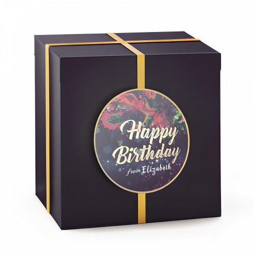 Happy Birthday Red Floral Gold Script Purple Light Classic Round Sticker