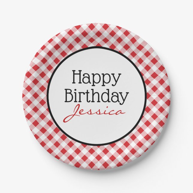 Happy Birthday Red Gingham Check Picnic Party Paper Plates (Front)