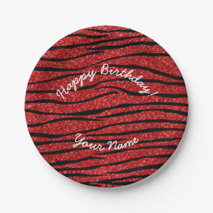 Happy Birthday red glitter zebra stripes Paper Plates