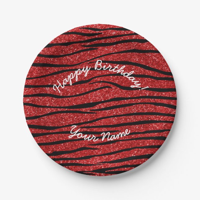 Happy Birthday red glitter zebra stripes Paper Plates (Front)