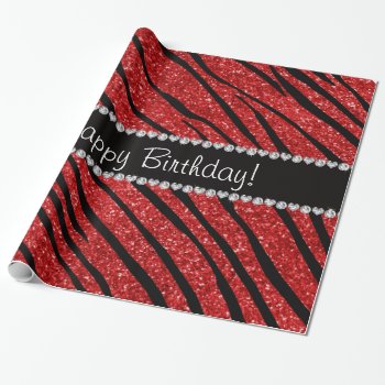 Happy Birthday Red Glitter Zebra Stripes Wrapping Paper by Brothergravydesigns at Zazzle
