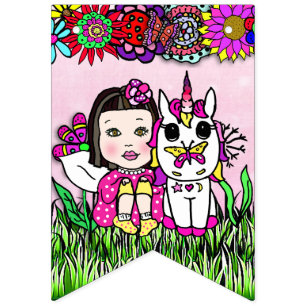 Happy Birthday Red  Pink and Purple Unicorn Fairy Bunting Flags