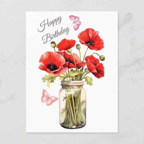 Happy Birthday Red Poppy Flowers  Postcard