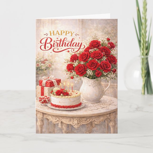 Happy Birthday Red Rose Cottage Still Life Card (Front)
