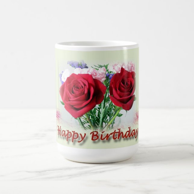 Happy Birthday Red Roses Floral Design Coffee Mug (Center)