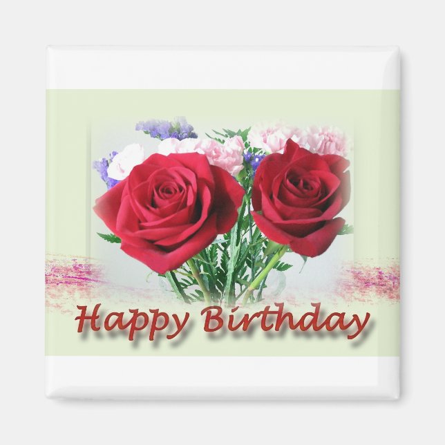 Happy Birthday Red Roses Floral Design Magnet (Front)