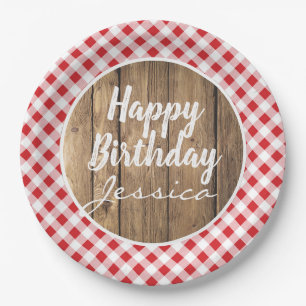 Happy Birthday Red Rustic Wood BBQ Picnic Party Paper Plates