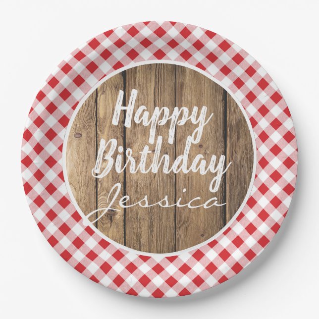 Happy Birthday Red Rustic Wood BBQ Picnic Party Paper Plates (Front)