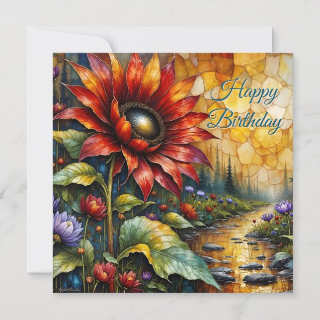 Happy Birthday Red Sunflower in valley by stream (Front)