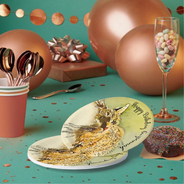 Happy Birthday Red Tabby Cat Whiskers Watercolor Paper Plates (Multi)