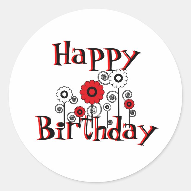 Happy Birthday, red, & white flowers, on white Classic Round Sticker (Front)