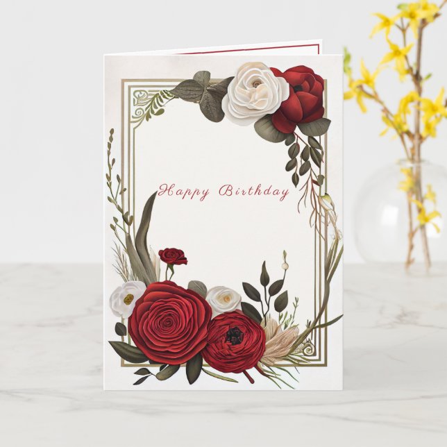 Happy Birthday Red White Roses  Card (Yellow Flower)