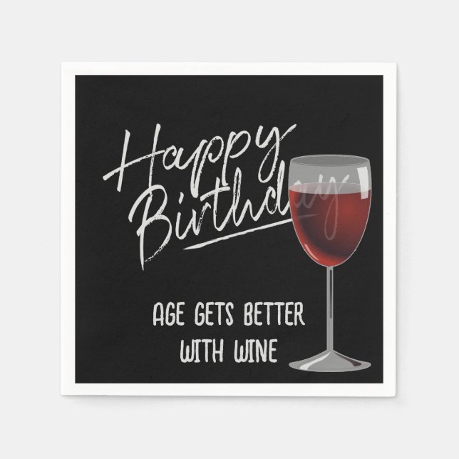 Happy Birthday Red Wine On Black Napkins (Front)