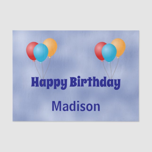 Happy Birthday Red Yellow & Blue Balloons & Name Tissue Paper (Front)