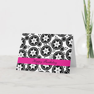 Happy Birthday Retro Black White Flower Geometric Card