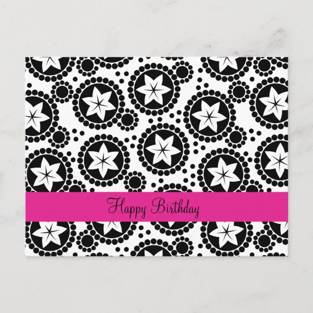 Happy Birthday Retro Black White Flower Geometric Postcard (Front)
