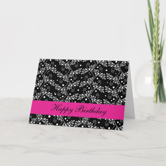 Happy Birthday Retro Black White Vines Folk Flower Card (Front)