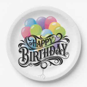 Happy Birthday Retro Card Balloons Paper Plates