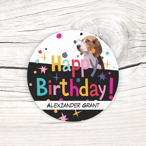 Happy Birthday Retro Customizable Beagle Classic Round Sticker