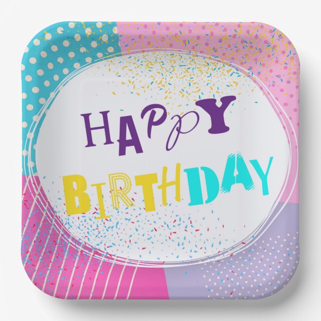 Happy Birthday Retro Design Paper Plates (Front)
