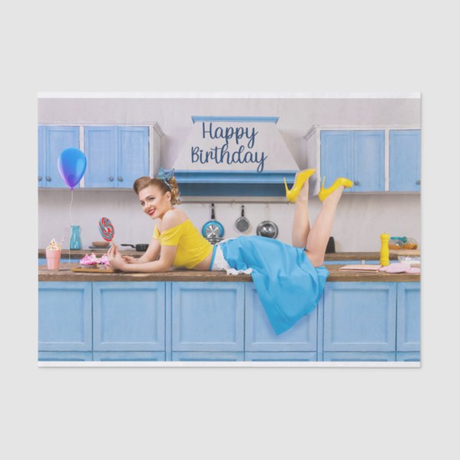 Happy Birthday Retro Housewife Making Cupcakes  Tissue Paper (Front)