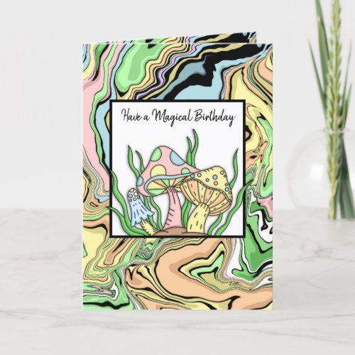 Happy Birthday Retro Mushrooms and Coloring page  Card