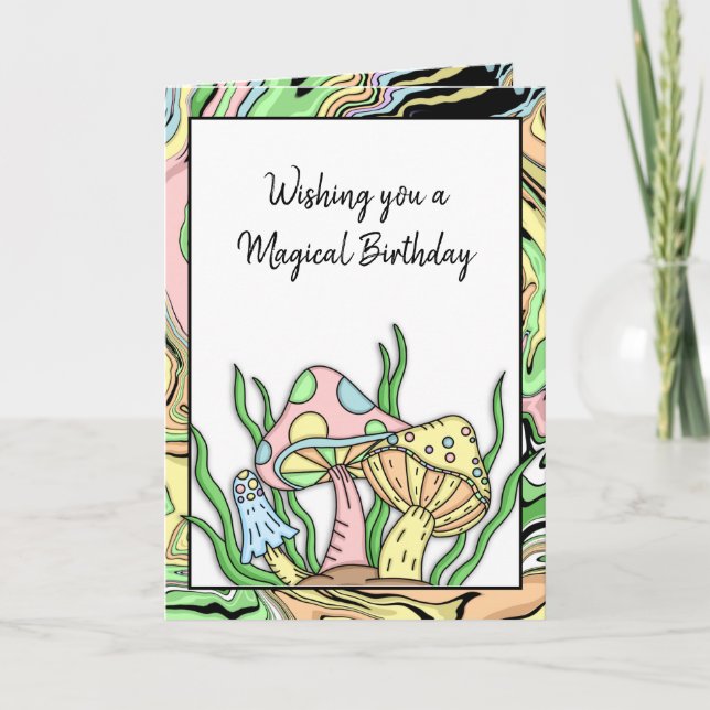 Happy Birthday Retro Mushrooms and Coloring page   Card (Front)