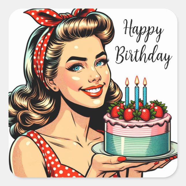 Happy Birthday Retro Pinup Girl Square Sticker (Front)
