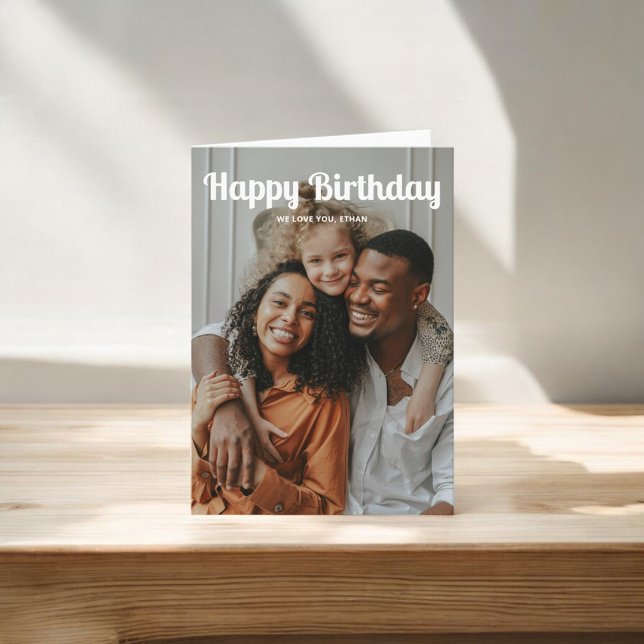 Happy Birthday Retro Script 3 Photo Card (Creator Uploaded)