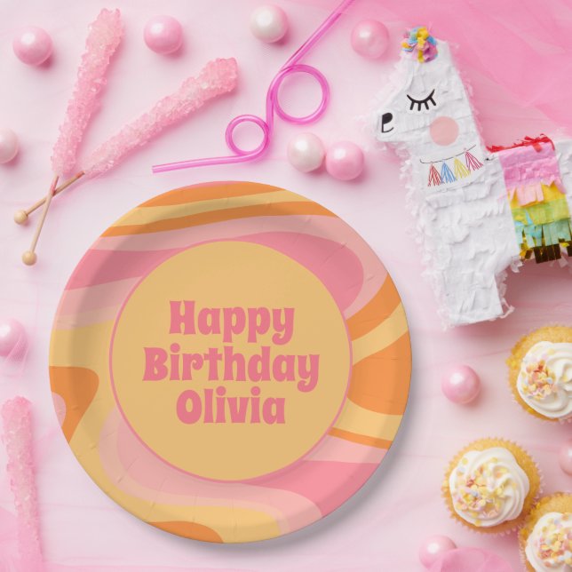 Happy Birthday Retro Vibe Abstract Swirl 60s 70s Paper Plates (Party)