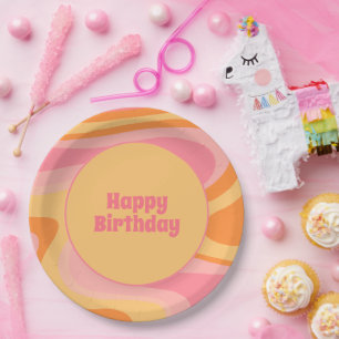 Happy Birthday Retro Vibe Abstract Swirl 60s 70s Paper Plates