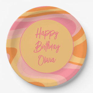 Happy Birthday Retro Vibe Abstract Swirl 60s 70s Paper Plates