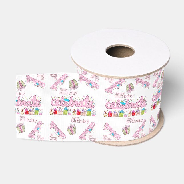 Happy Birthday Ribbon, Celebrate Pink  Grosgrain Ribbon (Spool)