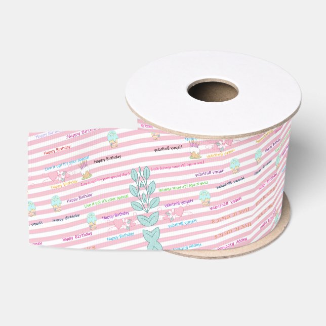 Happy Birthday Ribbon, Celebrate Pink  Grosgrain Ribbon (Spool)